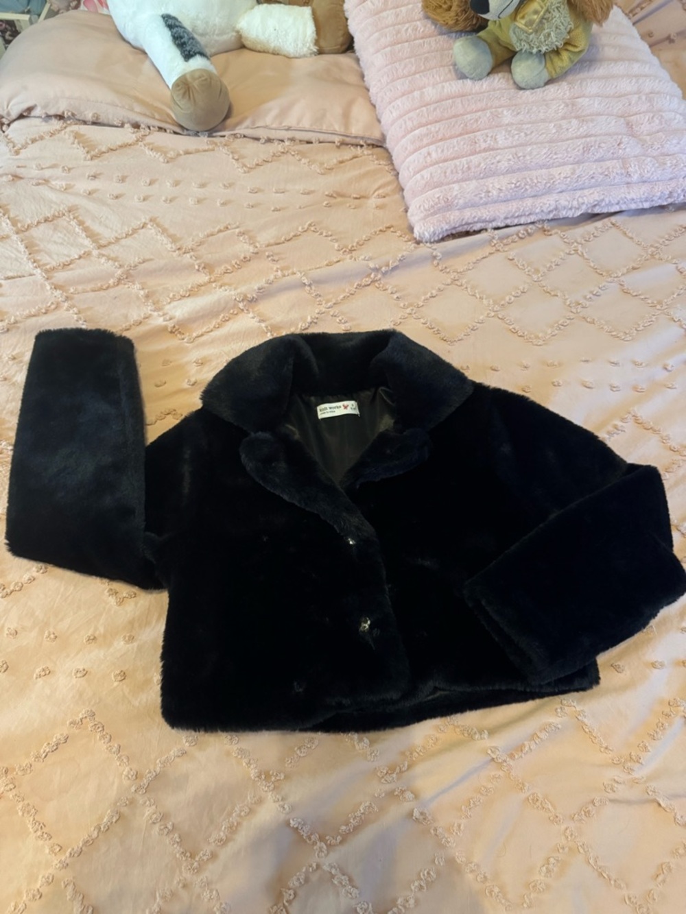 Knitworks Black Faux Fur Cropped Pea Coat for Kids